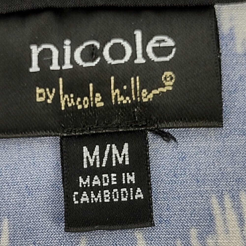 Nicole Miller Womens Patterned Kimono Sleeve Black Blue White Blouse Size M - Picture 10 of 11